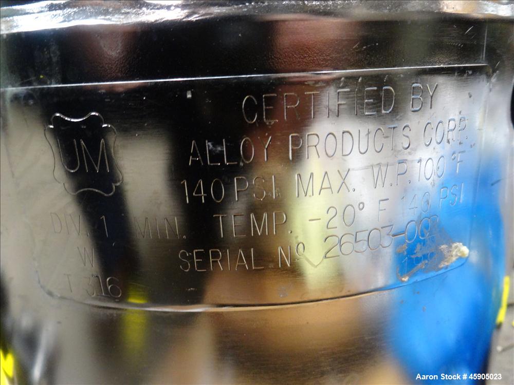 Used Alloy Products Pressure Tank, 2 Gallon, 316 Stainless Steel, Vertical. Approximate 9" diameter x 8" straight side, dished top and bottom. Internal rated 140 psi at -20 to 100 degrees F. Openings...
