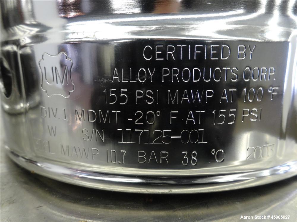 Unused- Alloy Products Pressure Tank, 6 Gallon, 316L Stainless Steel, Vertical. Approximately 9" diameter x 22" straight side, dished top and bottom. Internal rated 155 psi at -20 to 100 degrees F. O...