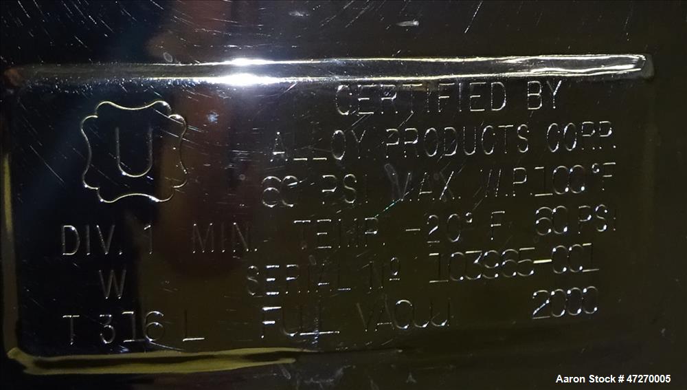 Used Alloy Products Pressure Tank, Approximate 40 Gallons, 316L Stainless Steel