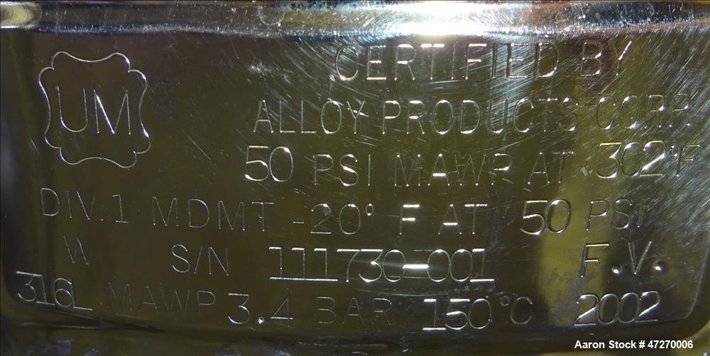 Used- Alloy Products Pressure Tank, Approximate 15.8 Gallons (60 Liters), 316L S