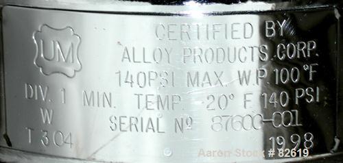 USED: Alloy Products pharmaceutical-hygienic portable pressure tank, 3 gallons, 304 stainless steel, vertical. 9" diameter x 9" straight side, dished top and bottom. Internal rated 140 psi at 100 deg...