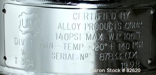 USED: Alloy Products pharmaceutical-hygienic portable pressure tank, 4 gallons, 304 stainless steel, vertical. 9" diameter x 12" straight side, dished top and bottom. Internal rated 140 psi at 100 de...