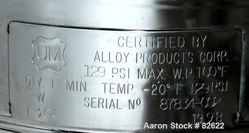 USED: Alloy Products pharmaceutical-hygienic portable pressure tank, 6 gallons, 304 stainless steel, vertical. 12" diameter x 9" straight side, dished top and bottom. Internal rated 129 psi at 100 de...