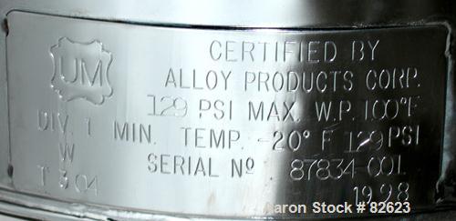 USED: Alloy Products pharmaceutical-hygienic portable pressure tank, 6 gallons, 304 stainless steel, vertical. 12" diameter x 9" straight side, dished top and bottom. Internal rated 129 psi at 100 de...