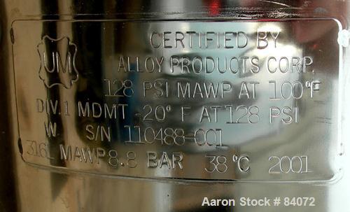 Used Alloy Products Pressure Tank, 14 Gallon, 316L Stainless Steel, Vertical. 12" Diameter x 30" straight side. Dished top and bottom. Internal rated 128 psi at 100 deg F. Openings: top 1/2" NPT, (3)...