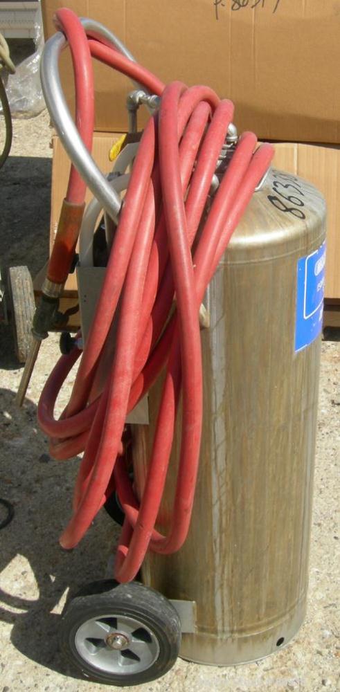 USED: Alloy Products pressure tank, 16 gallon, 304 stainless steel, vertical. 12" diameter x 28" straight side. Dish top and bottom. Internal rated 130 psi at 100 deg F. Top openings: 4" x 3" oval wi...