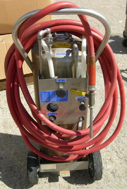 USED: Alloy Products pressure tank, 16 gallon, 304 stainless steel, vertical. 12" diameter x 28" straight side. Dish top and bottom. Internal rated 130 psi at 100 deg F. Top openings: 4" x 3" oval wi...