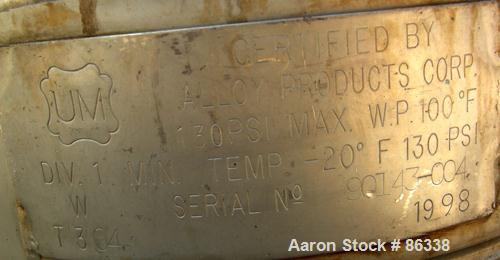 USED: Alloy Products pressure tank, 16 gallon, 304 stainless steel, vertical. 12" diameter x 28" straight side. Dish top and bottom. Internal rated 130 psi at 100 deg F. Top openings: 4" x 3" oval wi...