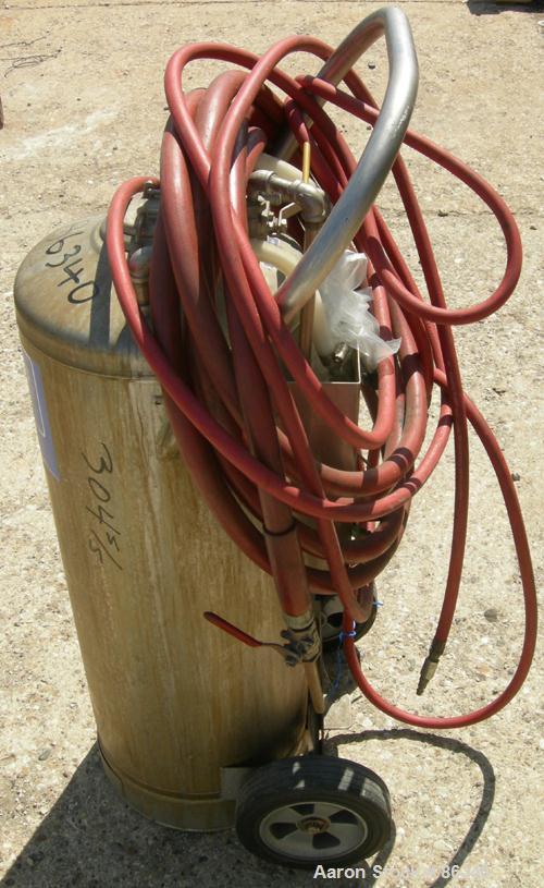 USED: Alloy Products pressure tank, 16 gallon, 304 stainless steel, vertical. 12" diameter x 28" straight side. Dish top and bottom. Internal rated 130 psi at 100 deg F. Top openings: 4" x 3" oval wi...