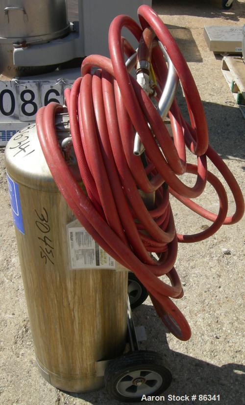 USED: Alloy Products pressure tank, 16 gallon, 304 stainless steel, vertical. 12" diameter x 28" straight side. Dish top and bottom. Internal rated 130 psi at 100 deg F. Top openings: 4" x 3" oval wi...