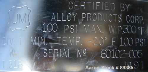 USED: Alloy Products pressure tank, 25 gallon, 316 stainless steel, vertical. 18" diameter x 25" straight side. Dished top and bottom. Internal rated 100 psi at 300 deg F. Openings: top (4) 1-1/2" tr...