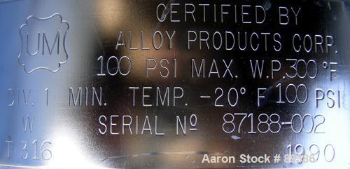 USED: Alloy Products pressure tank, 13 gallon, 316 stainless steel, vertical. 18" diameter x 10" straight side. Dished top and bottom. Internal rated 100 psi at 300 deg F. Openings: top (4) 1-1/2" tr...
