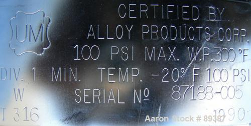USED: Alloy Products pressure tank, 13 gallon, 316 stainless steel, vertical. 18" diameter x 10" straight side. Dished top and bottom. Internal rated 100 psi at 300 deg F. Openings: top (4) 1-1/2" tr...