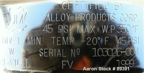 USED: Alloy Products pressure tank, 13 gallon, 316 stainless steel, vertical. 12" diameter x 19" straight side. Dished top and bottom. Internal rated 45 psi at 350 deg F. Openings: top (3) 5/8" tri c...
