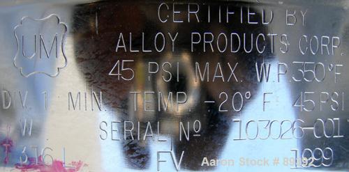 USED: Alloy Products pressure tank, 13 gallon, 316 stainless steel, vertical. 12" diameter x 19" straight side. Dished top and bottom. Internal rated 45 psi at 350 deg F. Openings: top (3) 5/8" tri c...