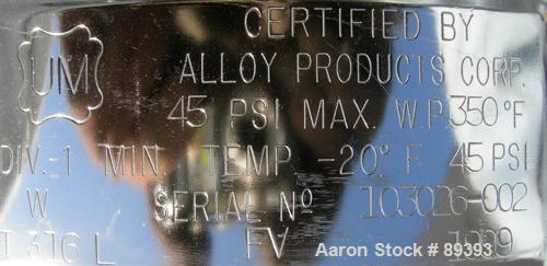 Used Alloy Products Pressure Tank, 13 Gallon, 316 Stainless Steel, Vertical. 12" diameter x 19" straight side. Dished top and bottom. Internal rated 45 psi at 350 deg F. Openings: top (3) 5/8" tri cl...