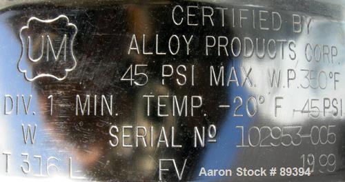 Used Alloy Products Pressure Tank, 5 Gallon, 316L Stainless Steel, Vertical. 9" diameter x 10" straight side. Dished top and bottom. Internal rated 45 psi at 350 deg F. Openings: top (3) 5/8" tri cla...