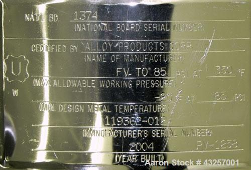 Used Alloy Products Pressure Tank, 36.99 Gallon (140 Liter), 316L Stainless Steel, Vertical. 17.74’’ Diameter x 29" straight side. Dished top and bottom. Internal rated FV to 85 psi at -20 to 350 deg...