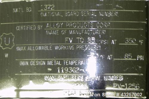 Used Alloy Products Pressure Tank, 36.99 Gallon (140 Liter), 316L Stainless Steel, Vertical.17.74’’ Diameter x 29" straight side. Dished top and bottom. Internal rated FV to 85 psi at -20 to 350 degr...