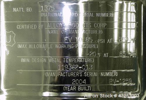 Used Alloy Products Pressure Tank, 36.99 Gallon (140 Liter), 316L Stainless Steel, Vertical. 17.74’’ Diameter x 29" straight side. Dished top and bottom. Internal rated FV to 85 psi at -20 to 350 deg...