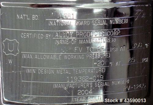 Used Alloy Products Pressure Tank, 33 Gallon, 316L Stainless Steel, Vertical. 17.71” Diameter x 29” straight side. Dished top and bottom. Internal rated Full Vacuum to 85 psi at -20 to 350 degrees F....