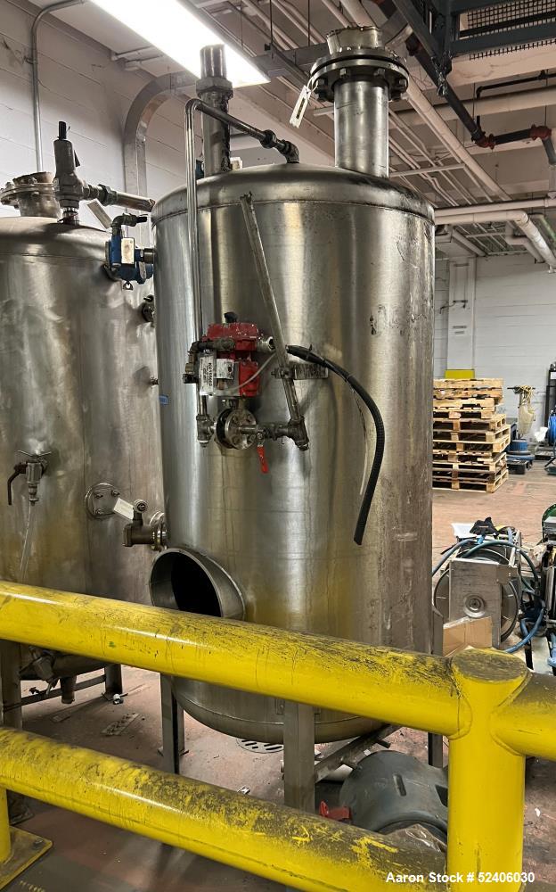 Used Alpha Stainless Tank, Approximate 250 Gallon, Stainless Steel, Vertical. Approximate 36" diameter x 57" straight side, dished top & bottom. Mounted on 4 stainless legs.