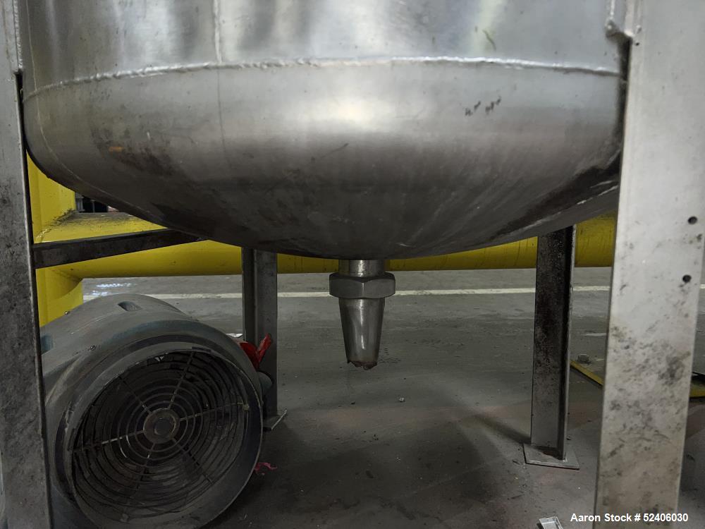 Used Alpha Stainless Tank, Approximate 250 Gallon, Stainless Steel, Vertical. Approximate 36" diameter x 57" straight side, dished top & bottom. Mounted on 4 stainless legs.