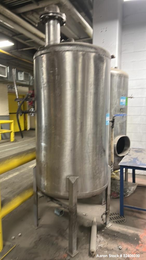 Used Alpha Stainless Tank, Approximate 250 Gallon, Stainless Steel, Vertical. Approximate 36" diameter x 57" straight side, dished top & bottom. Mounted on 4 stainless legs.