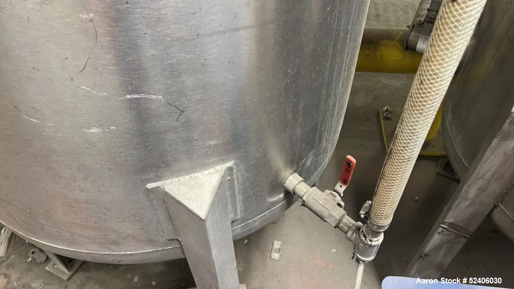 Used Alpha Stainless Tank, Approximate 250 Gallon, Stainless Steel, Vertical. Approximate 36" diameter x 57" straight side, dished top & bottom. Mounted on 4 stainless legs.