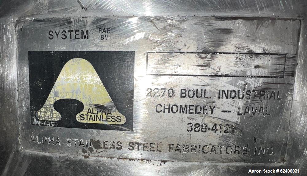 Used Alpha Stainless Tank, Approximate 250 Gallon, Stainless Steel, Vertical. Approximate 36" diameter x 57" straight side, dished top & bottom. Mounted on 4 stainless legs.