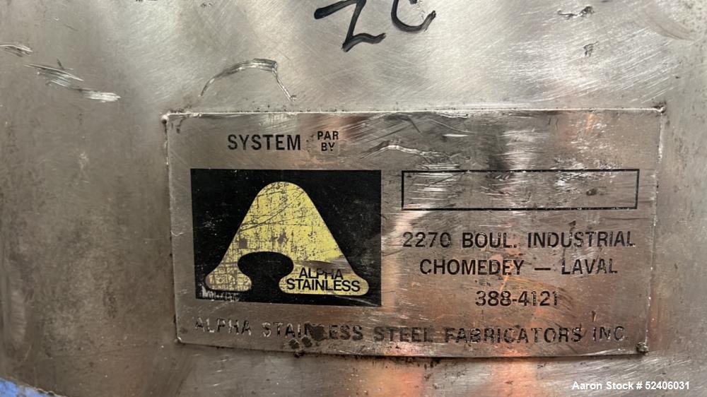Used Alpha Stainless Tank, Approximate 250 Gallon, Stainless Steel, Vertical. Approximate 36" diameter x 57" straight side, dished top & bottom. Mounted on 4 stainless legs.