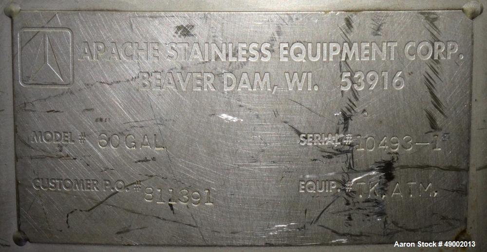Used Apache Stainless Equipment Tank, 60 Gallon, 304 Stainless Steel, Vertical.