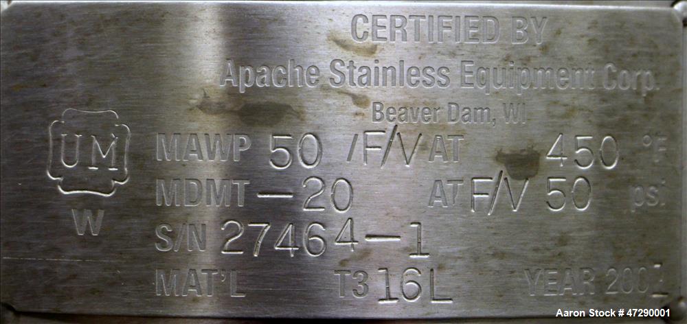 Used Apache Stainless Equipment Pressure Tank, Approximate 20 Gallon, 316L Stai