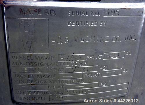 Used B&G Machine Pressure Tank, 55 Gallon (208.14 Liter), 316 Stainless Steel, Vertical. Approximate 26" diameter x 24" straight side, dished top and bottom. Internal rated Full Vacuum /30 psi at -20...