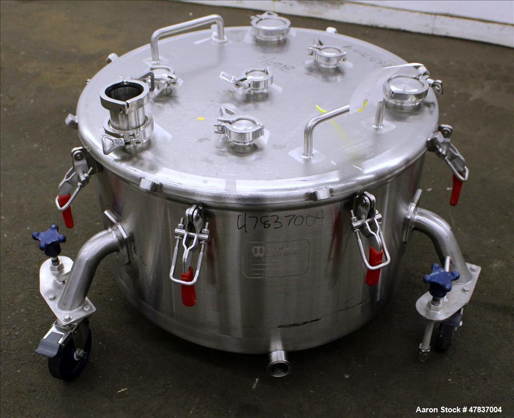 Used Bulling Metal Works Tank, 40 Gallon, 316L Stainless Steel, Vertical. 28" Diameter x 15" straight side, flat clamp on top, sloped bottom. Openings top (4) 1-1/2", (3) 2-1/4". 1-1/2" Off center bo...