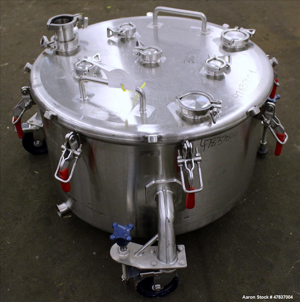 Used Bulling Metal Works Tank, 40 Gallon, 316L Stainless Steel, Vertical. 28" Diameter x 15" straight side, flat clamp on top, sloped bottom. Openings top (4) 1-1/2", (3) 2-1/4". 1-1/2" Off center bo...