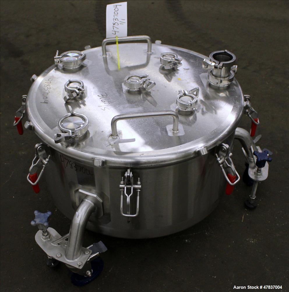 Used Bulling Metal Works Tank, 40 Gallon, 316L Stainless Steel, Vertical. 28" Diameter x 15" straight side, flat clamp on top, sloped bottom. Openings top (4) 1-1/2", (3) 2-1/4". 1-1/2" Off center bo...
