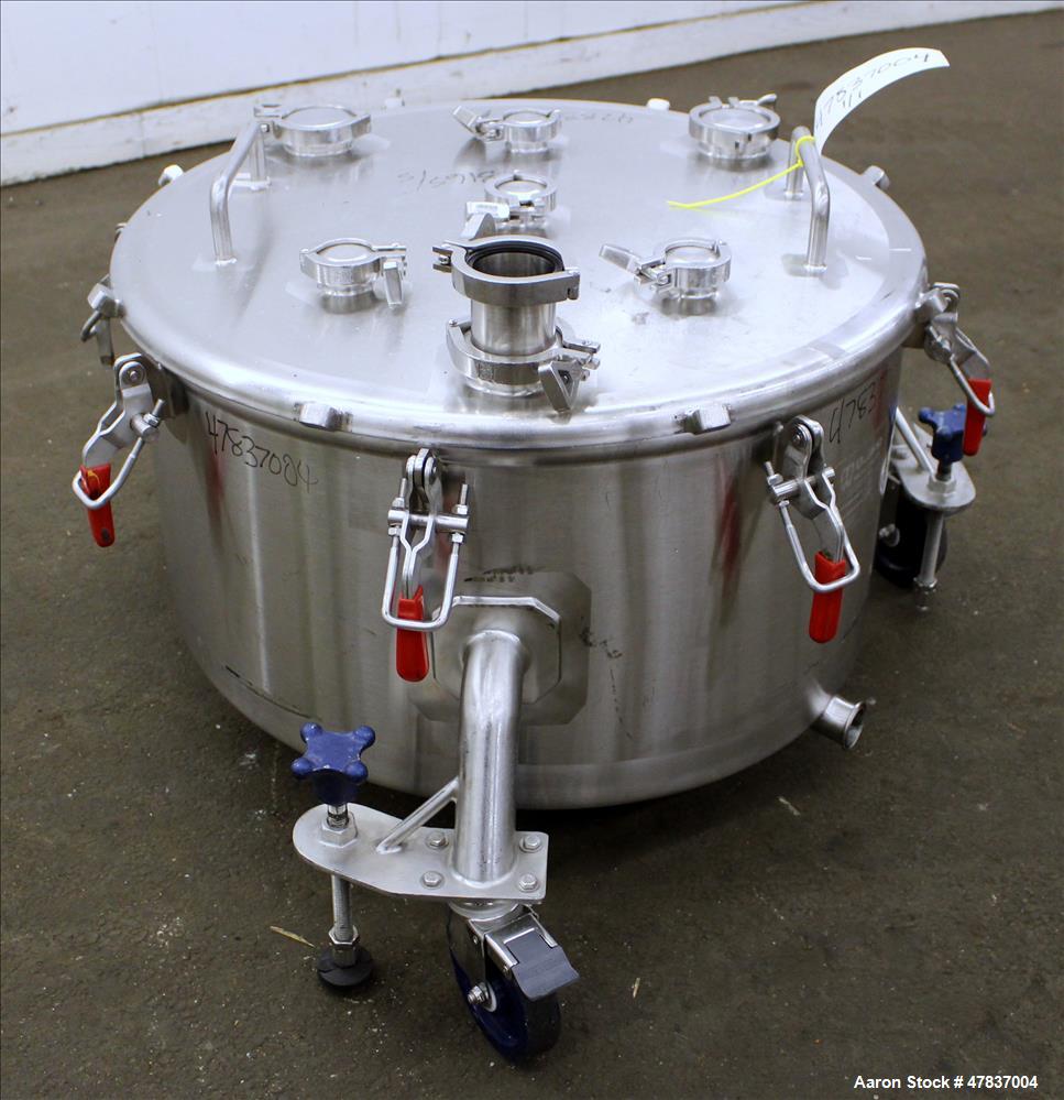 Used Bulling Metal Works Tank, 40 Gallon, 316L Stainless Steel, Vertical. 28" Diameter x 15" straight side, flat clamp on top, sloped bottom. Openings top (4) 1-1/2", (3) 2-1/4". 1-1/2" Off center bo...
