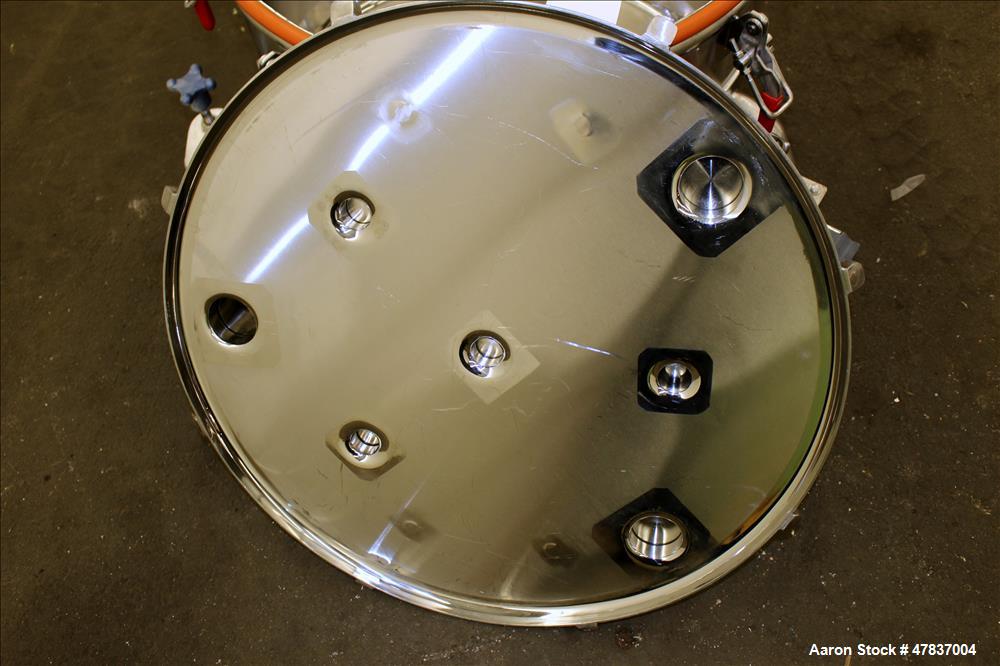 Used Bulling Metal Works Tank, 40 Gallon, 316L Stainless Steel, Vertical. 28" Diameter x 15" straight side, flat clamp on top, sloped bottom. Openings top (4) 1-1/2", (3) 2-1/4". 1-1/2" Off center bo...