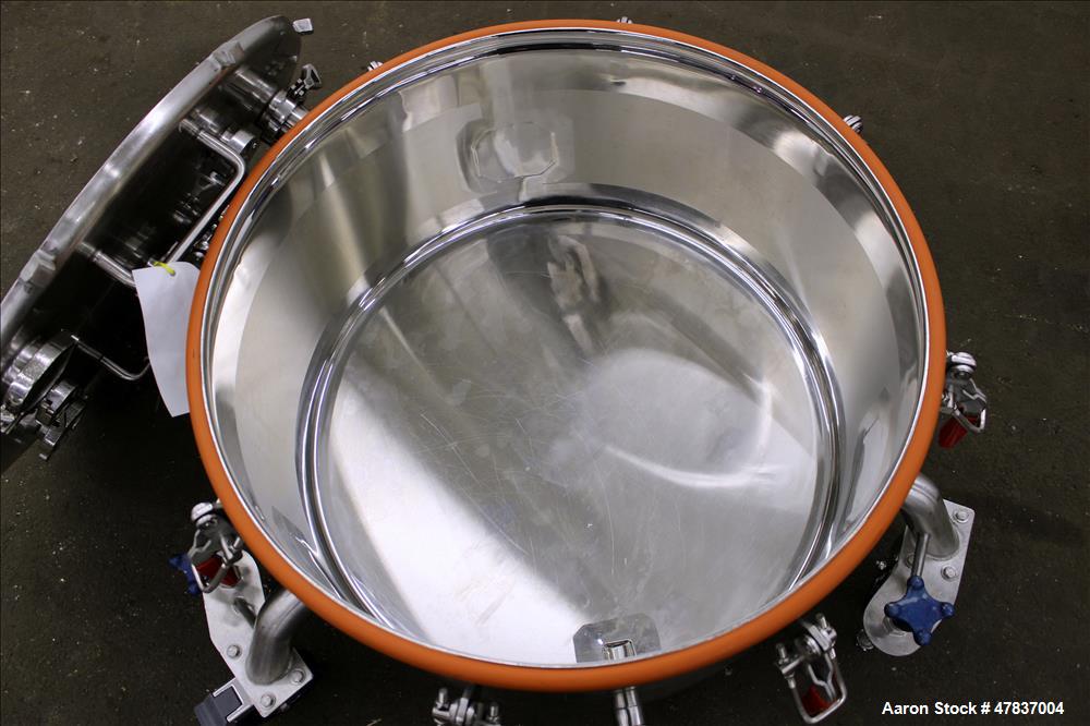 Used Bulling Metal Works Tank, 40 Gallon, 316L Stainless Steel, Vertical. 28" Diameter x 15" straight side, flat clamp on top, sloped bottom. Openings top (4) 1-1/2", (3) 2-1/4". 1-1/2" Off center bo...