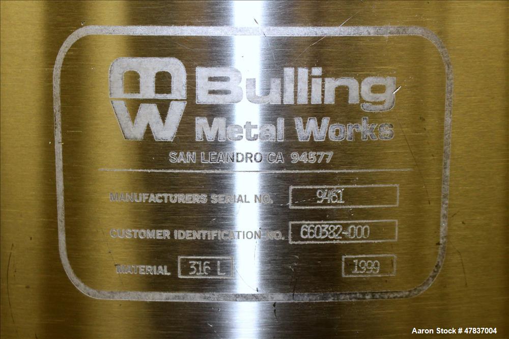 Used Bulling Metal Works Tank, 40 Gallon, 316L Stainless Steel, Vertical. 28" Diameter x 15" straight side, flat clamp on top, sloped bottom. Openings top (4) 1-1/2", (3) 2-1/4". 1-1/2" Off center bo...