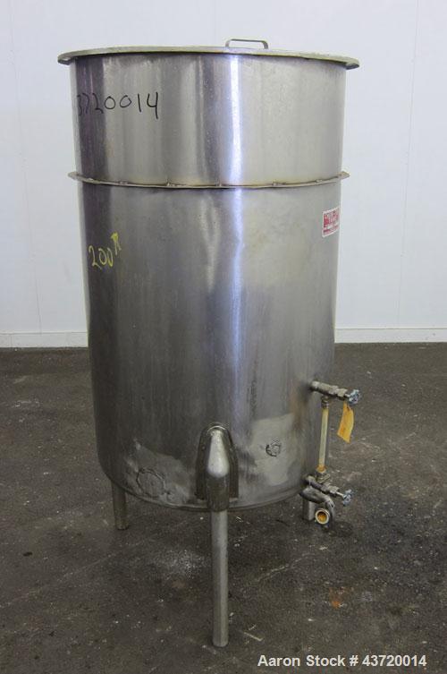 Used Chem-Tek Tank, 140 Gallon, 304 Stainless Steel, Vertical.  30” Diameter x 47-1/2” straight side.  Open top with a 1 piece cover, sloped bottom.  1-1/2” Off center bottom outlet.  Mounted on 3 st...