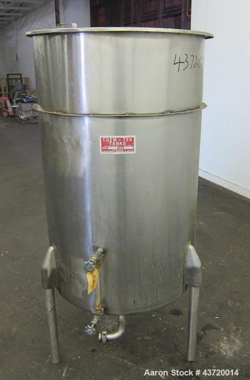 Used Chem-Tek Tank, 140 Gallon, 304 Stainless Steel, Vertical.  30” Diameter x 47-1/2” straight side.  Open top with a 1 piece cover, sloped bottom.  1-1/2” Off center bottom outlet.  Mounted on 3 st...