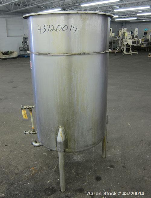 Used Chem-Tek Tank, 140 Gallon, 304 Stainless Steel, Vertical.  30” Diameter x 47-1/2” straight side.  Open top with a 1 piece cover, sloped bottom.  1-1/2” Off center bottom outlet.  Mounted on 3 st...
