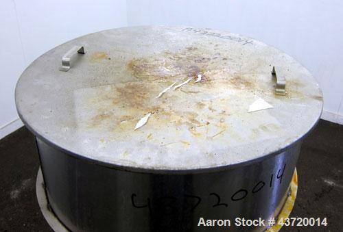 Used Chem-Tek Tank, 140 Gallon, 304 Stainless Steel, Vertical.  30” Diameter x 47-1/2” straight side.  Open top with a 1 piece cover, sloped bottom.  1-1/2” Off center bottom outlet.  Mounted on 3 st...