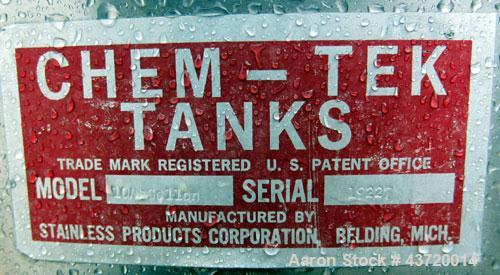 Used Chem-Tek Tank, 140 Gallon, 304 Stainless Steel, Vertical.  30” Diameter x 47-1/2” straight side.  Open top with a 1 piece cover, sloped bottom.  1-1/2” Off center bottom outlet.  Mounted on 3 st...