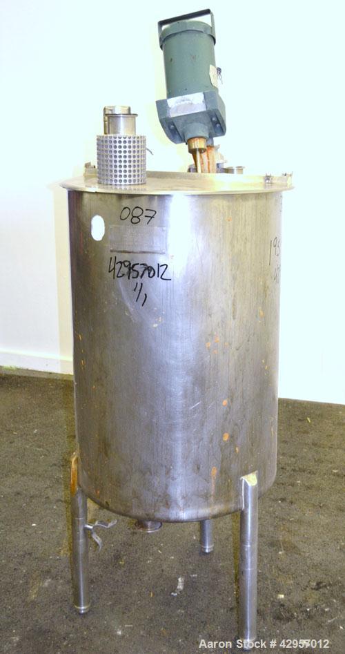 Used Cherry-Burrell Tank, 65 Gallon, 304 Stainless Steel, Vertical. 24’’ Diameter x 34’’ straight side. Open top with a 2 piece cover, sloped bottom. Lightnin clamp on agitator, model XD-30-3PH. ½’’ ...