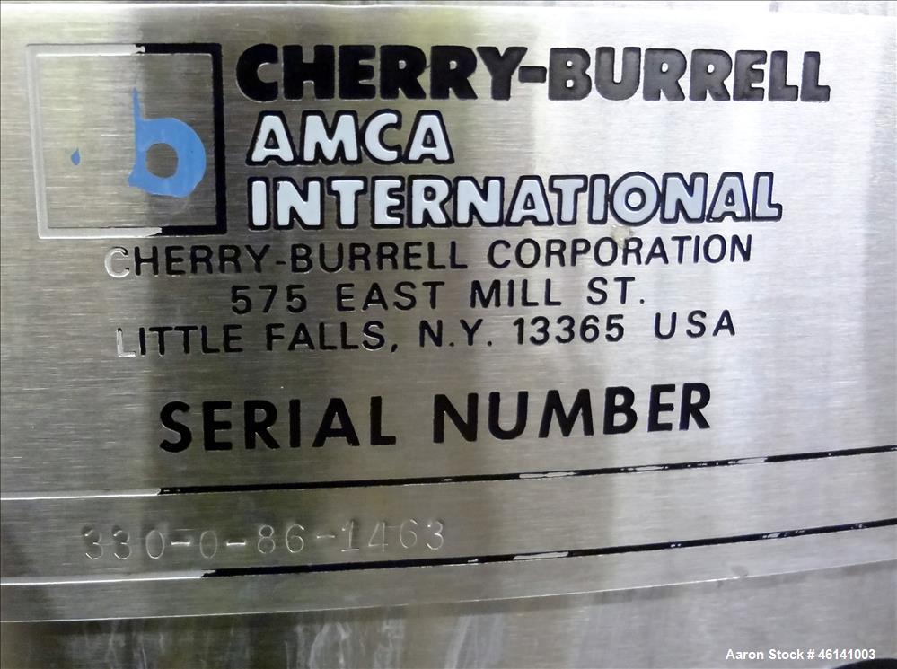 Used Cherry Burrel Tank, Approximately 300 Gallon, 304 Stainless Steel, Vertical. 48" Diameter x 40" straight side. Flat top, sloped bottom. (2) Half hinged top covers. 2" Tri clamp side bottom outle...
