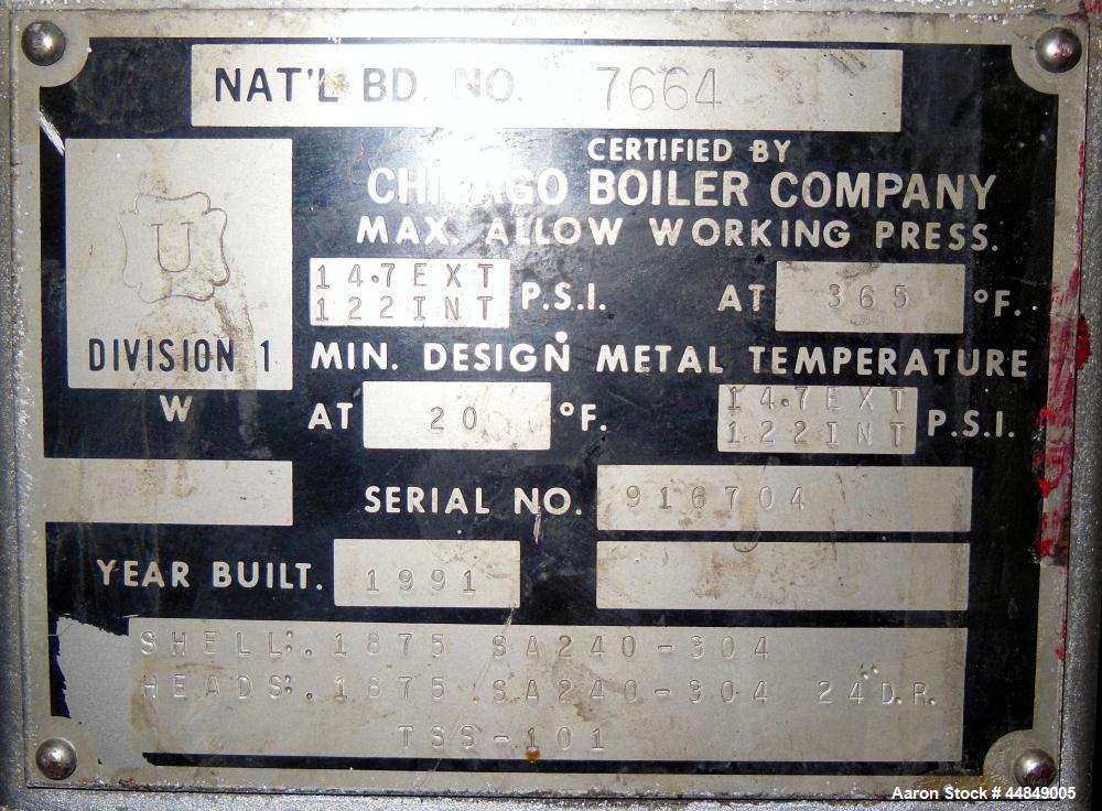 Used Chicago Boiler Company Pressure Tank, 50 Gallon, 304 Stainless Steel, Vertical. 24" Diameter x 24" straight side, dished bolt on top, dished bottom. Internal rated 14.7/122 psi at 365 degrees F....