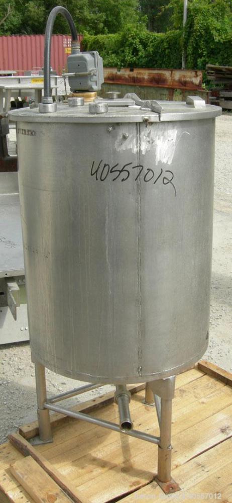 Used Coulter tank, 75 gallon, 304 stainless steel, vertical. 26" diameter x 32" straight side, open top a 1 piece 1/3 hinged cover, coned bottom. Includes a shaft with a 3 blade prop, no drive. Appro...